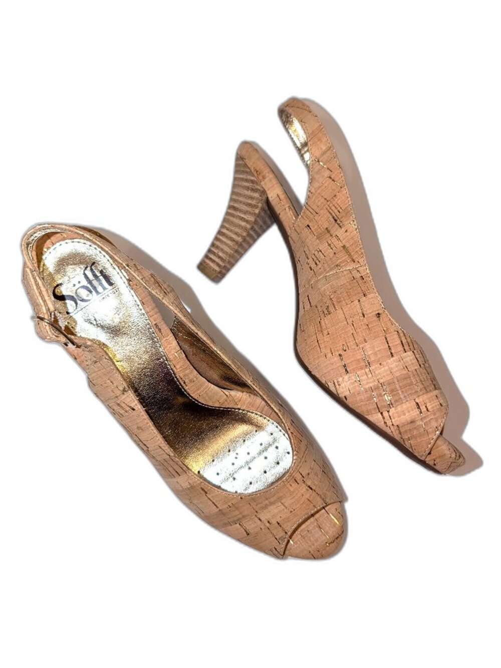 NWOT Sofft | NARROW Cork Slingback Peep Toe Heels Scafati Gold Fleck | Size 7.5N